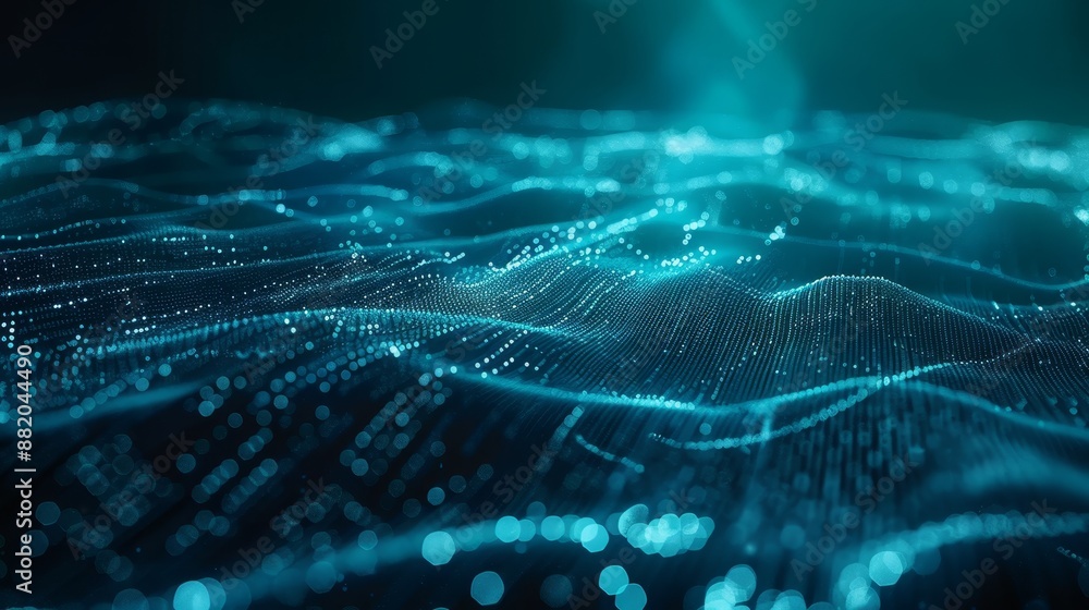 Poster data visualization with a digital background. analytics representation. wave of particles. four-dime