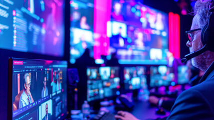Mature male professional monitoring multiple screens in a high-tech broadcast control room.