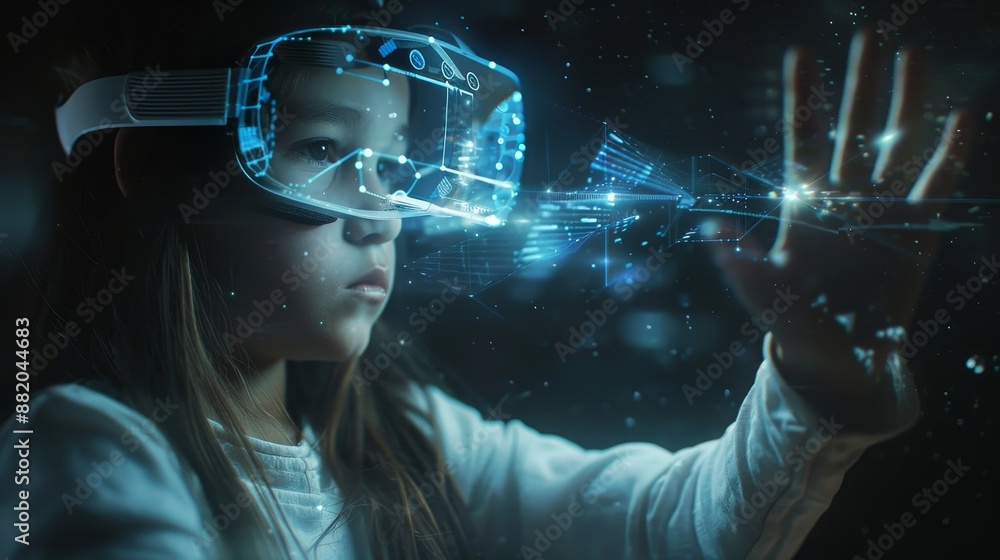 Poster technology concept for education. a child uses an augmented reality device for learning. high-tech c