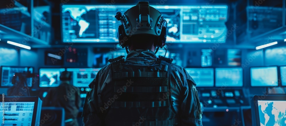 Poster military officer in tactical gear looking at multiple screens in command center. conceptual image of