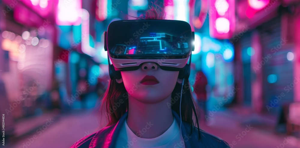 Canvas Prints A teenager wearing VR headsets, playing with his goggles and ready for a game in a futuristic cyber world - Abstract concept of virtual reality, innovation and new technology