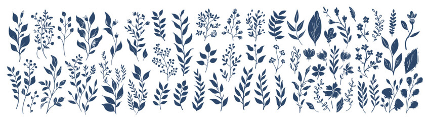 Fototapeta premium Floral Vector Set, Botanical Illustration. Isolated Vector Blue Outline Leaves and Flowers with Grunge Texture, Symbolizing Nature, and Design Elements for Creative Projects