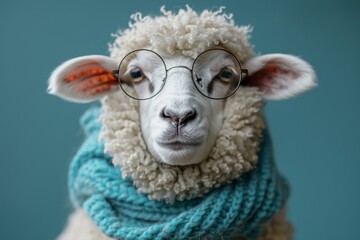 abstract sheep with glasses and scarf on plain blue background