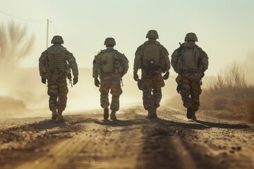 Army exercise by group of soldiers. Concepts of war, army, technology, and people.