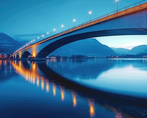 Beautiful illuminated bridge reflecting in calm water at twilight, surrounded by mountains and serene foggy landscape.