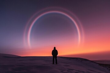 Silhouette of a person standing in snowy landscape with a spectacular colorful rainbow aurora at sunset.