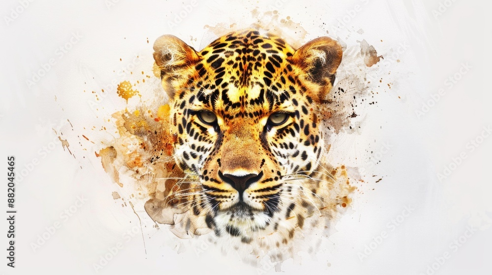 Poster a close-up shot of a leopard's face on a white background, suitable for use in wildlife or nature-th