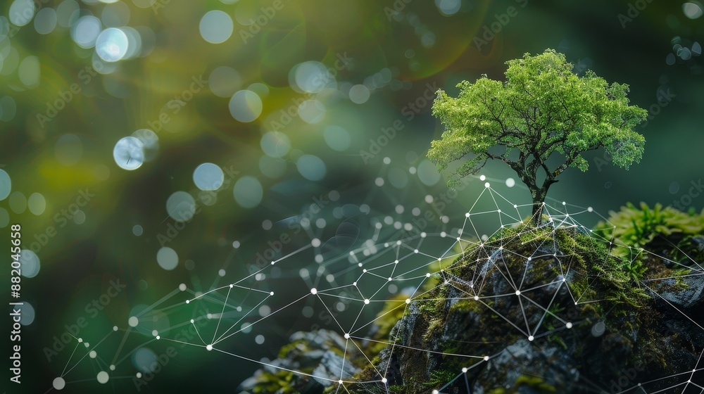 Poster an innovative technology startup concept with a growing green tree made from data networks