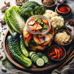 Various kimchi (kimchi cabbage, cucumber and radish) in a jar, Korean food