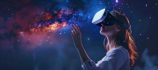 Woman with flowing hair wearing augmented reality glasses. Girl in augmented reality glasses. Mixing reality and game. Virtual reality concept.