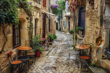 A cozy street scene with tables and chairs, perfect for small gatherings or outdoor events