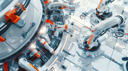 Cinematic Shot of High-Tech Car Production Line with Robot