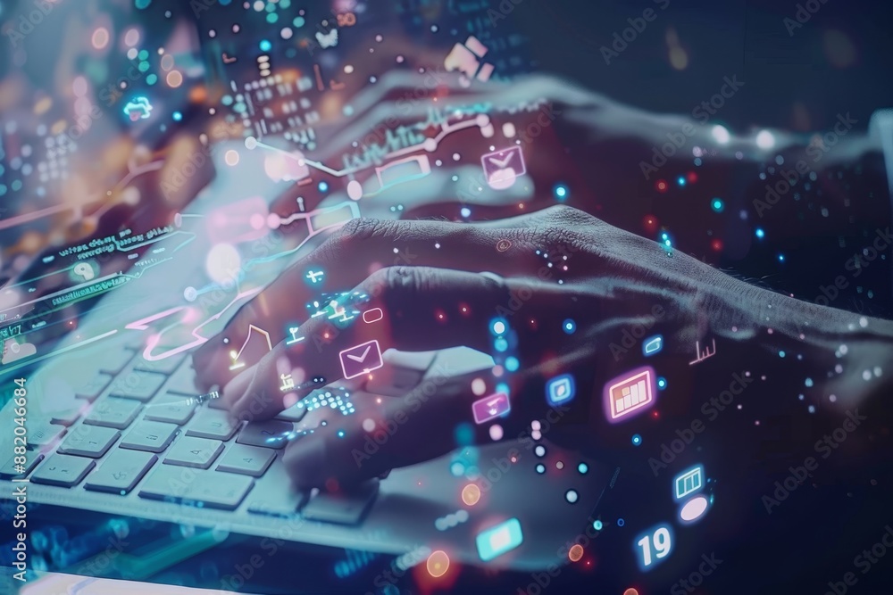 Poster the concept of business and technology on a virtual screen background is illustrated with graphs and