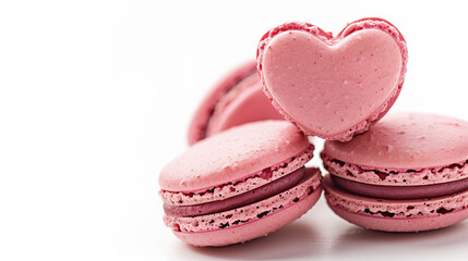 Heart Shaped Sweet Macarons on White Background - Delicious French Pastry for Romantic Celebrations and Gourmet Treats, Perfect for Valentine's Day Gifts and Dessert Tables.