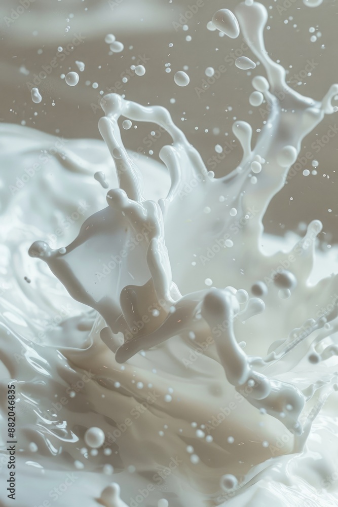 Poster close up shot of a splash of milk on a surface, perfect for use in food or beverage related contexts
