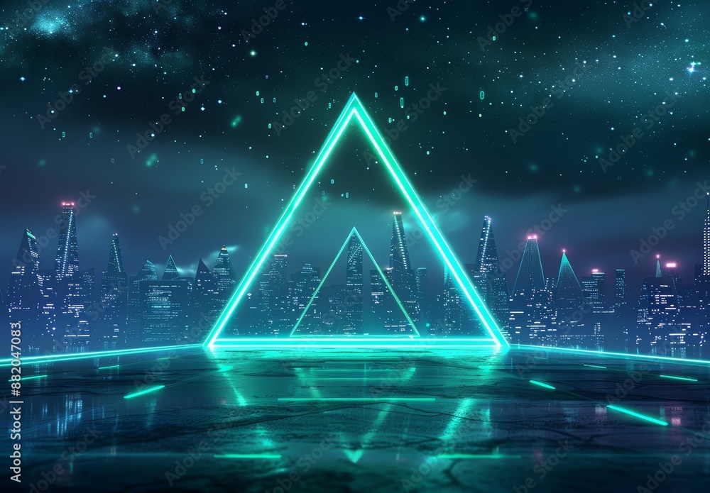 Poster angular neon background in 3d, glowing triangle of light, cyberspace vertical lines, a virtual reali