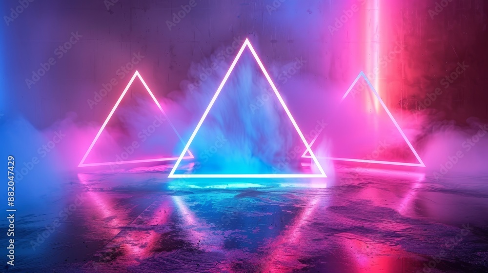 Poster This is a 3D rendering of an abstract pink blue neon background with glowing triangle lines, ultraviolet light, laser show, wall reflection, triangular shape, and ultraviolet light