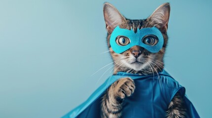 Close-up of a cat dressed as a superhero for HALLOWEEN, striking a heroic pose with a tiny cape and mask, wearing a tiny blue costume, standing in front of a light blue background, Portrait close-up,