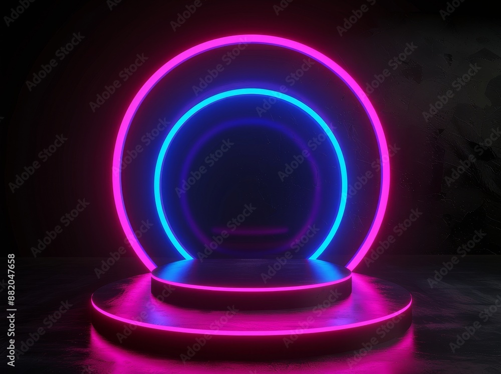 Poster a 3d abstract neon ring and steps isolated on a black background. the ring and steps glow pink and b