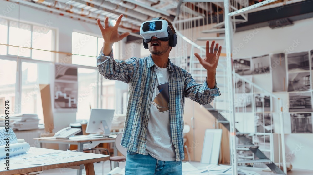 Poster in ar mock-up concept, an engineer in virtual reality wears a vr headset and uses gestures to intera