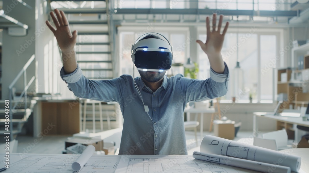 Poster a software developer wearing a vr headset uses gesticulations to interact with augmented reality whi