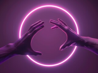 The concept for this is a 3D render with mannequin hands glowing in ultraviolet light, glowing pink blue rings, magic round shapes, witch occult ritual, halloween mockup, and fashion concept.