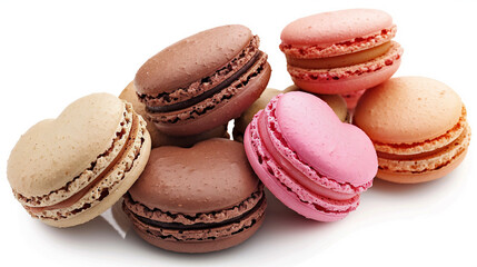 Heart Shaped Sweet Macarons on White Background - Delicious French Pastry for Romantic Celebrations and Gourmet Treats, Perfect for Valentine's Day Gifts and Dessert Tables.