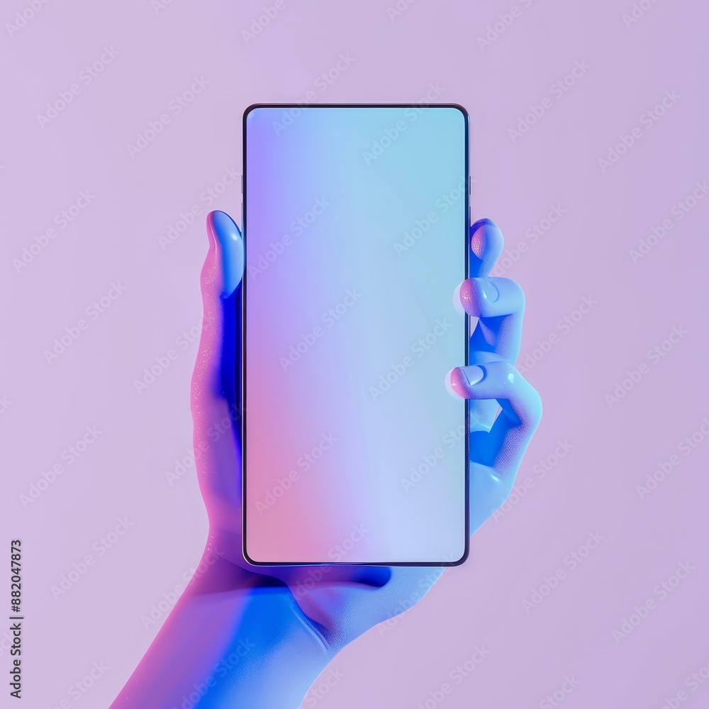 Poster a blue mannequin holds a smart phone equipped with a touchscreen. a blank mockup of an electronic ga