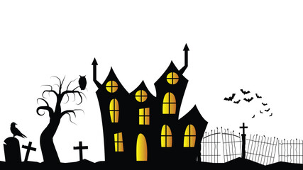 Obraz premium Dark Haunted Mansion with Graveyard in the Yard Silhouette. Halloween national holiday concept vector art