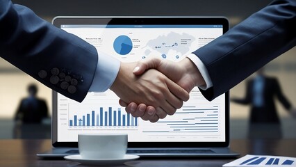 Multinational business people shaking hands and business data concept