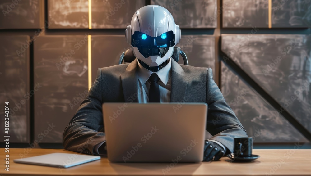 Poster business concept. ai chatbot robot assistant sitting at desk using computer as stock.