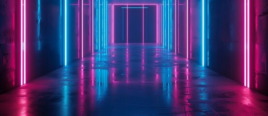 A dark, empty room with pink and blue led lights on concrete walls and floors. Modern neon background with grunge texture.