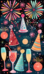 2D illustrated New Year card in a cute graphic style