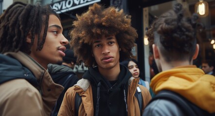 Three Young Men Talking On City Street