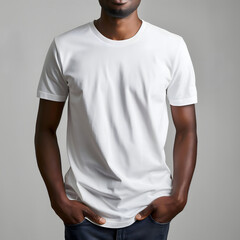 Men's white t-shirt on a man isolated on gray background
