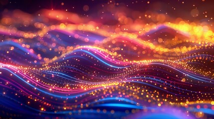 Fototapeta premium Data transfer concept with gold PINK blue glowing neon moving wave lines and bokeh lights.