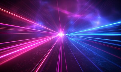 Input generative AI tools to create neon futuristic flashes on a black background. Motion light lines backdrop. For banners, postcards, illustrations.