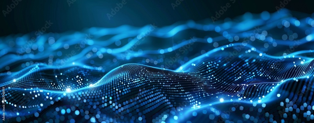 Aufkleber a wave of dots and weave lines on an abstract blue background for a design about cyberspace, big dat