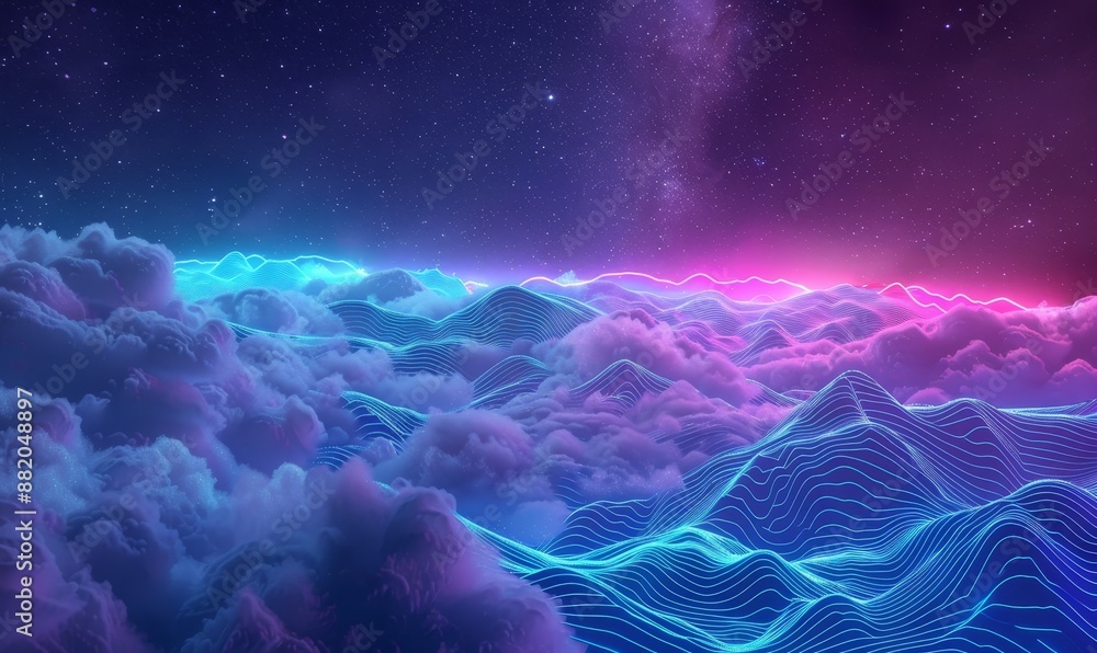 Poster an abstract fantasy background with neon clouds and glowing dynamic lines in 3d.