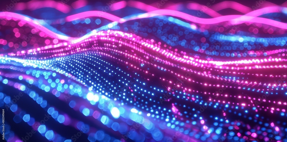 Poster background rendered in 3d with pink blue glowing neon lines and bokeh lights. concept of data transf