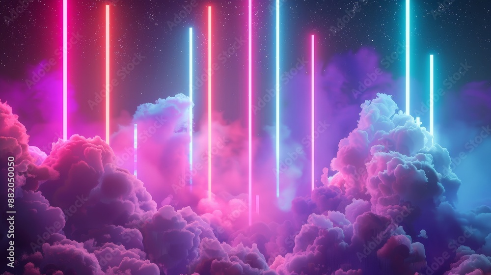 Aufkleber 3d render of abstract cloud illuminated with neon light. glowing geometric shapes.