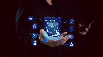 businessman holds a virtual display AI analytics and performance metrics. This advanced technology enables comprehensive data analysis, driving strategic decisions and innovation in modern business.
