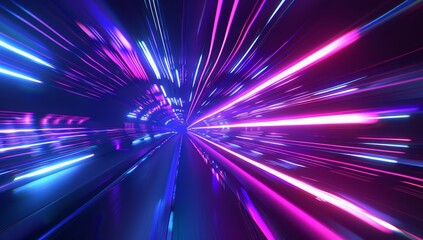 Neon lights in digital technology tunnel. Futuristic technology abstract background with lines symbolizing networks, big data, data centers, servers, internet, speed.
