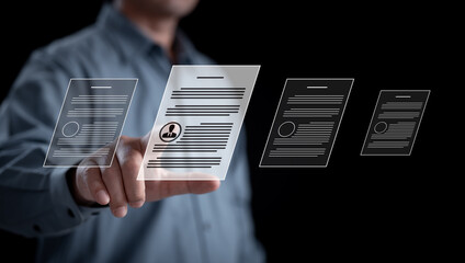 Human Resource Management (HR) concept : businessman uses advanced interface recruitment, leadership development and strategic customer targeting effectively filling company positions with top talent.