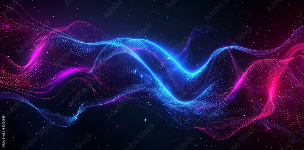 Poster the background is created as a 3d render. it features pink blue glowing neon lines and bokeh lights.
