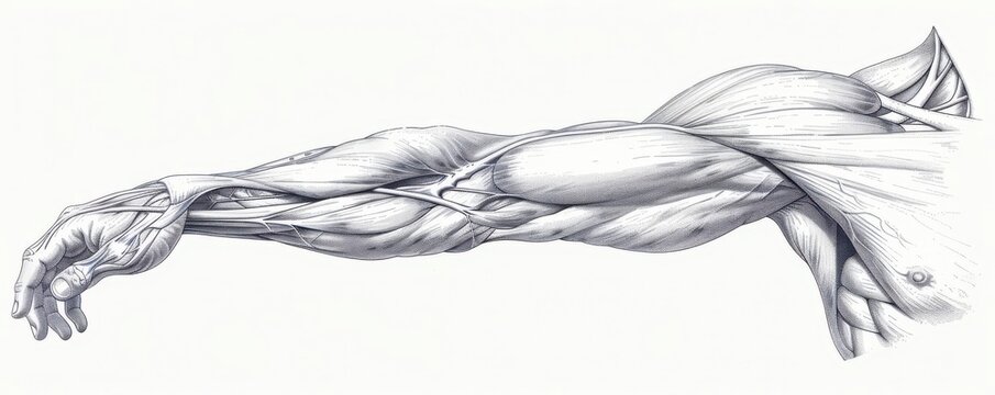 recommend clip art: a human arm muscles clipart, anatomical study, realistic line art, black and white, isolated on white background