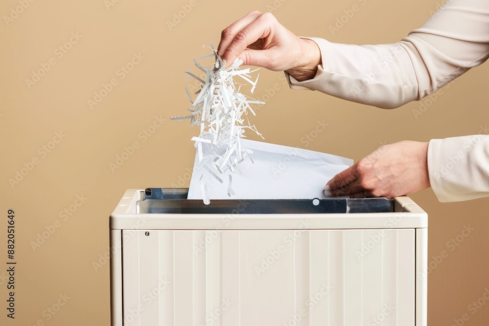 Poster a person is disposing of shredded paper into a trash can, highlighting the importance of proper wast
