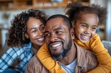 Happy Family Portrait With Father and Two Daughters Inside a Cafe