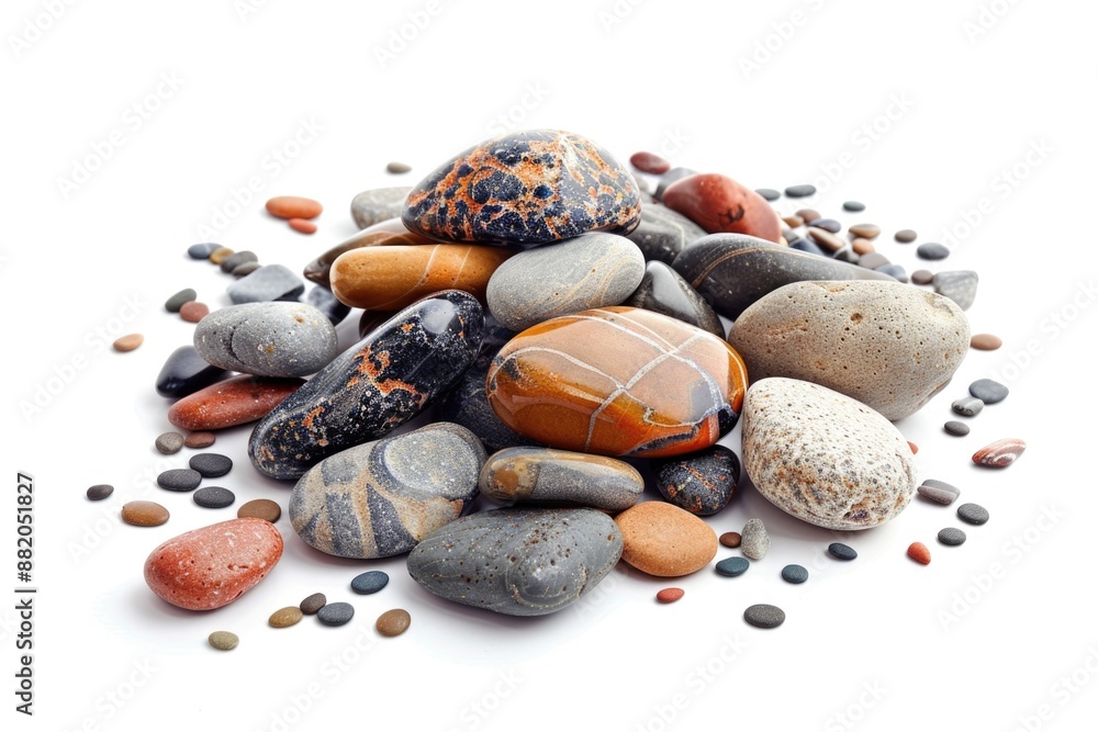 Poster a collection of small stones and rocks arranged on a white background, ideal for use in designs or i