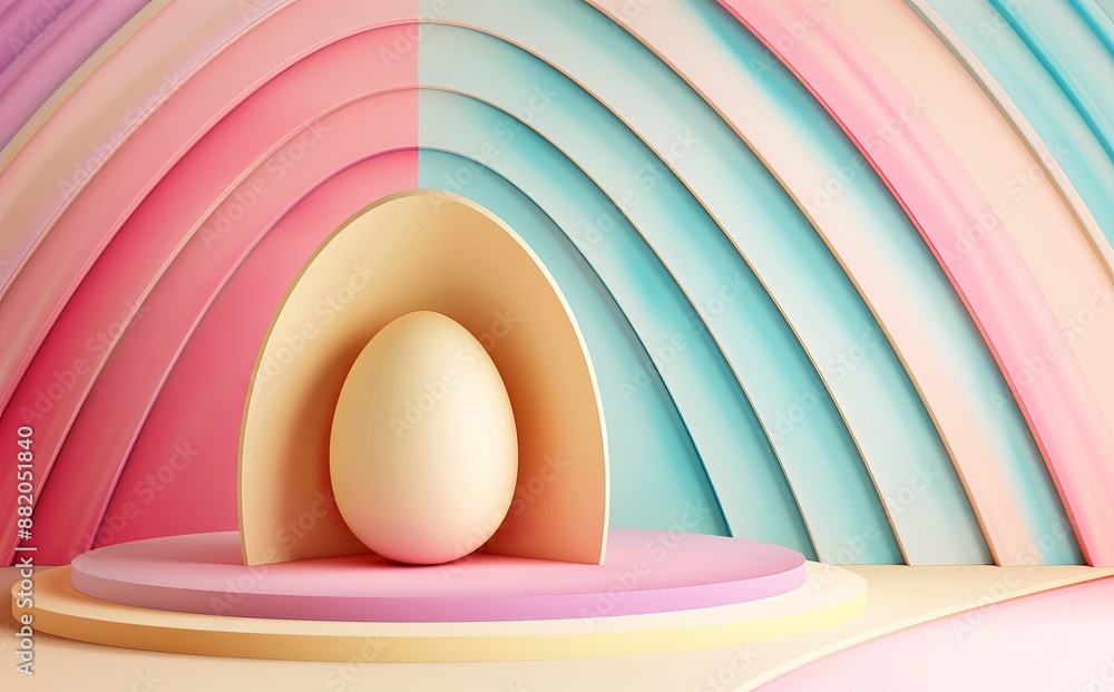 Poster a 3d rendering with a pastel neon background, primitive geometric shapes, and a simple mockup with m